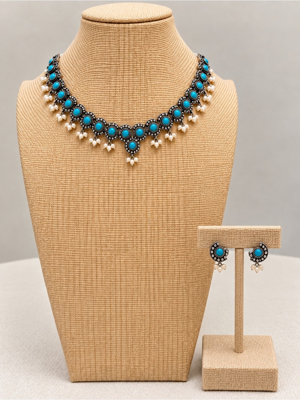 NWOT Turquoise Silver Tone Necklace & Earrings Set Pearl Dangle Indian Boho